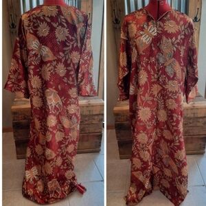 Asian floral silky caftan maxi dress M Sante